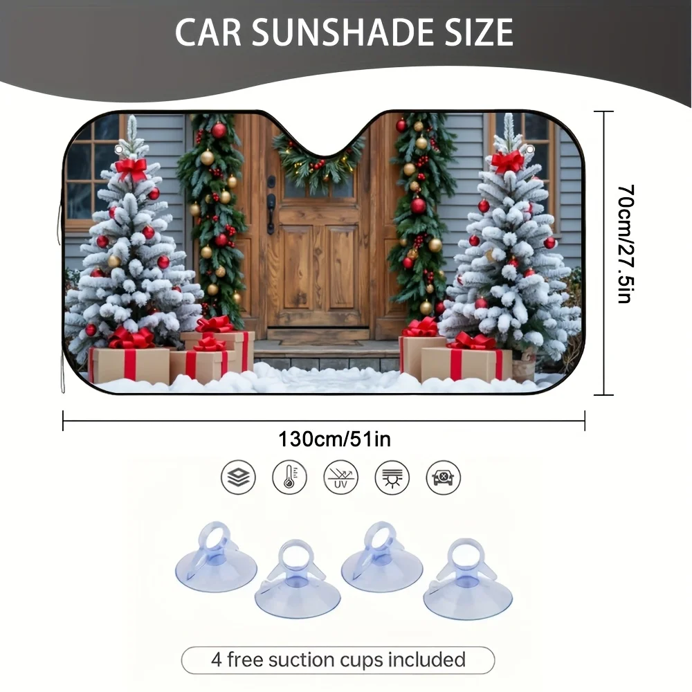 2D Flat, 1pc Festive Christmas Windshield Sunshade for Cars 2D Flat Printing Snowy Pine Tree Gift Box Design