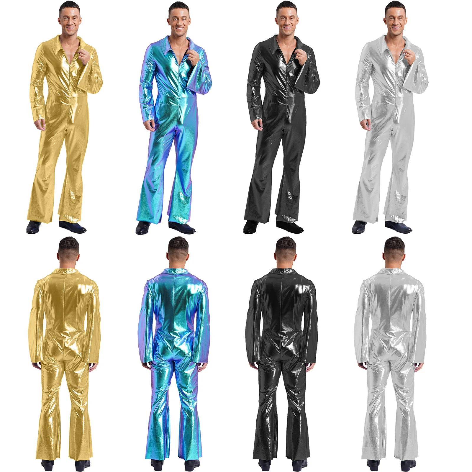 Mens Shiny Metallic Jumpsuit Rock Disco Hippies Cosplay Costumes Halloween 70's 80's Hippies Dance Outfits Party Fancy Dress