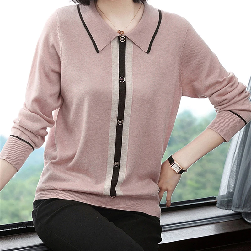 Sweaters For Women Fashion Spring New Long Sleeve Knitted Bottoming Shirts Peter Pan Collar Pullover Button Splicing Top  Female