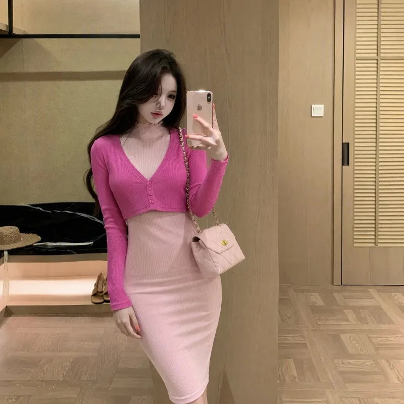 Elegant Slimming Fashionable Cardigan Dress Autumn New Arrival Unique Design Short Sleeve V-neck Commute Style Women's Dress