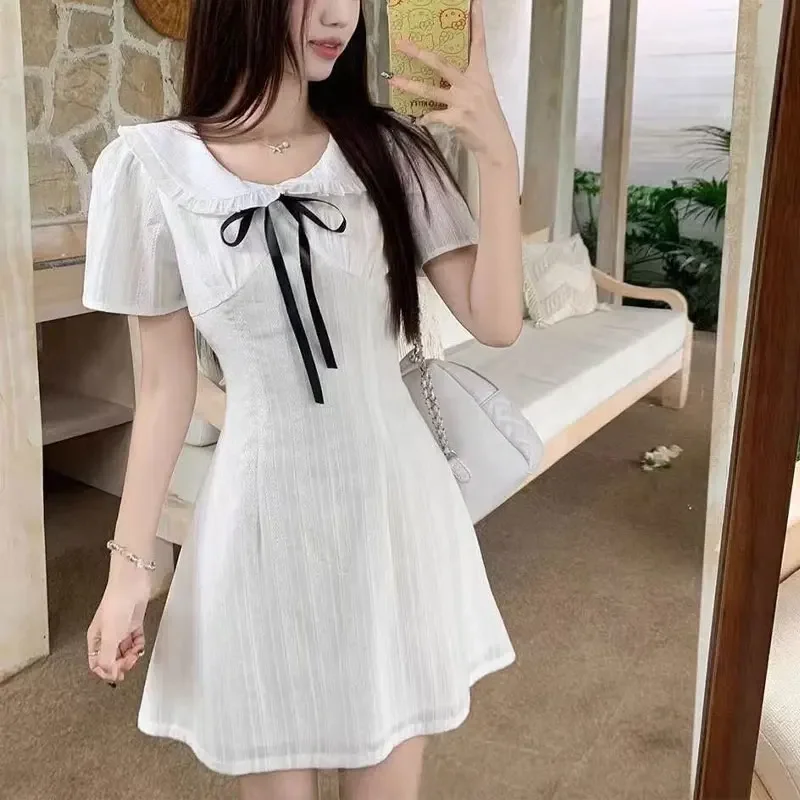 Mode Peter Pan Kraag Mini Jurk Dameskleding Zoete Strik Trekkoord Zomer Effen Kleur Elegante A-lijn Taille Jurken