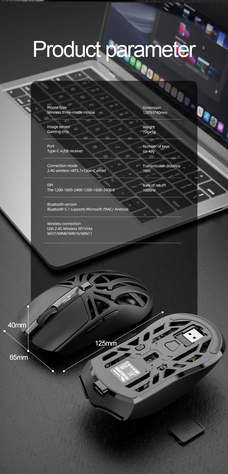 SMAILWOLF RS8 Bluetooth Kabellose 2,4G Gaming-Maus Drei-Modus Leichtgewicht PAW3311 E-Sports-Spiel 1K Rücklaufrate 10000DPI Computer – Detail 12