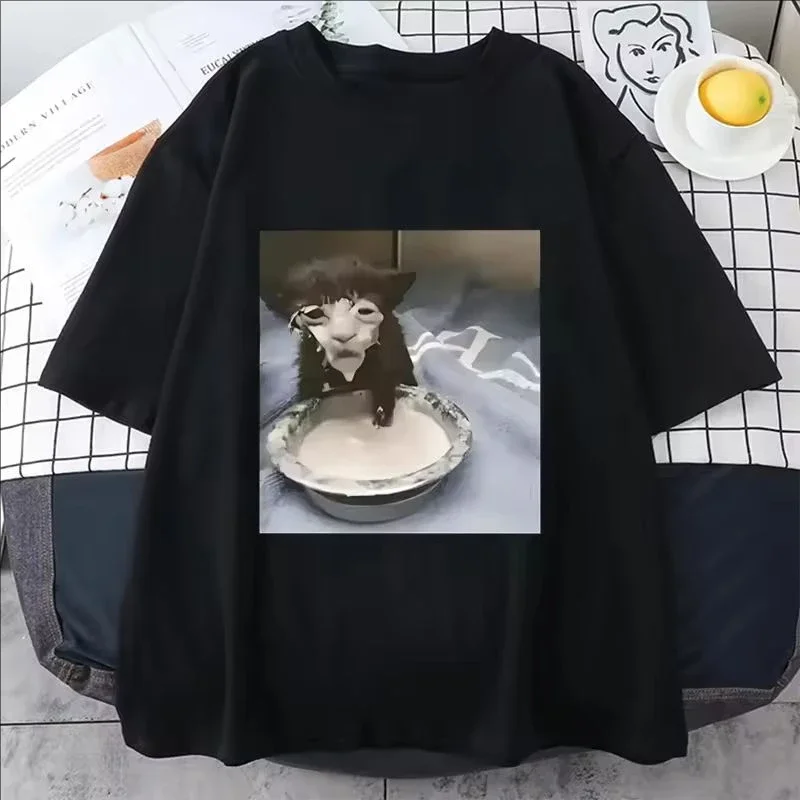 Herren Damen Milch-Gesicht Katzen-Meme-Print T-Shirt Humorvolle Lustige Katzen-Grafik T-Shirts Modischer Trend Hochwertige Baumwolle Übergroße Streetwear