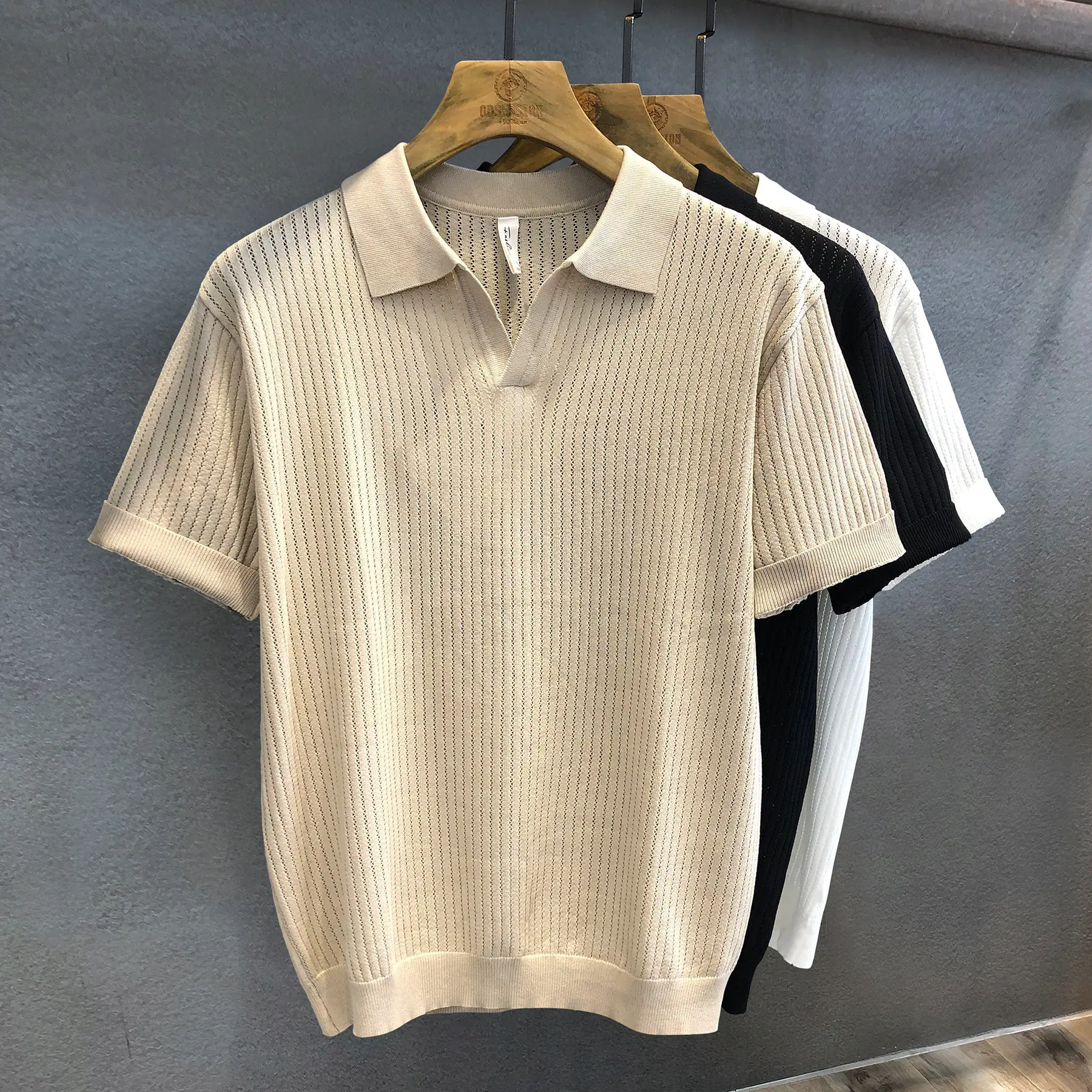 Ice Silk Summer POLO Shirt Short Sleeve Knitted Sweater Men's V-Neck Seagull Neck Hollow T-Shirt