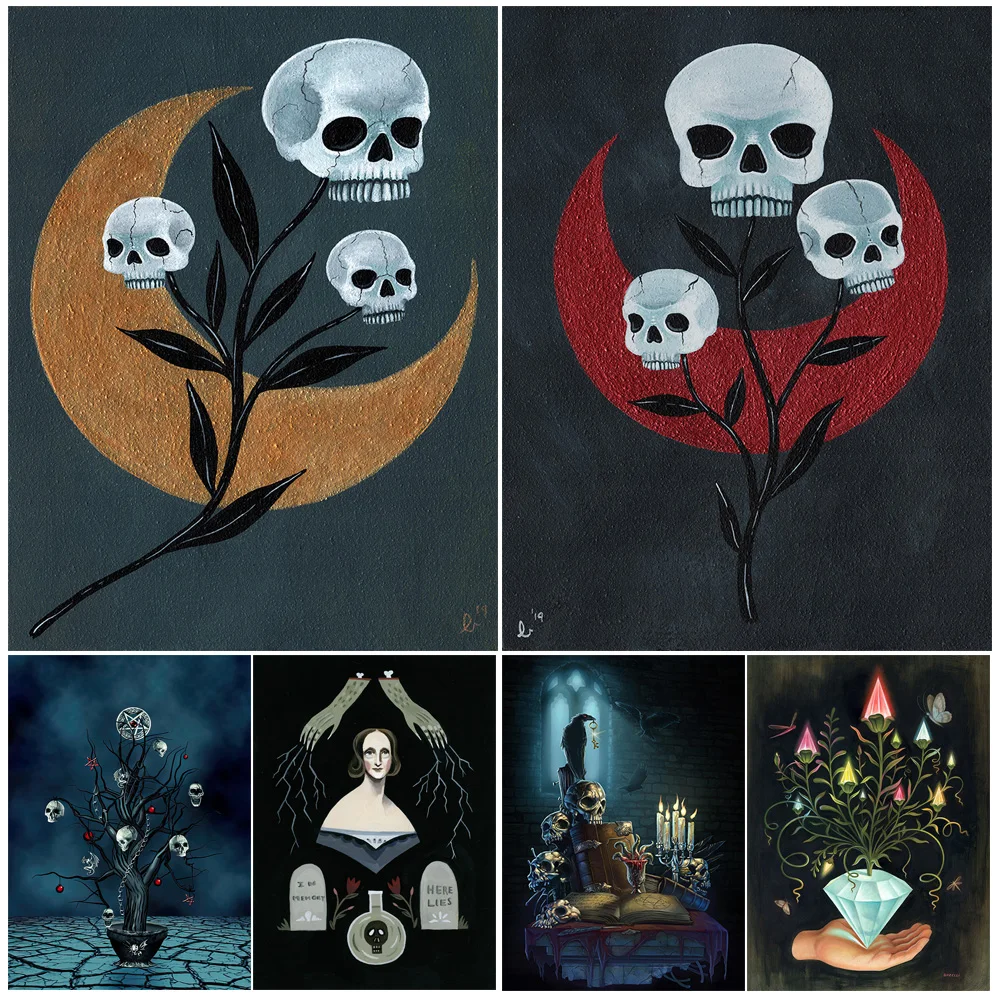 

Skeleton Flower Tree And Moon Vintage Gothic Wall Art Canvas Painting Bats On A Full Moon Night.Fantasy Art Poster Print Decor
