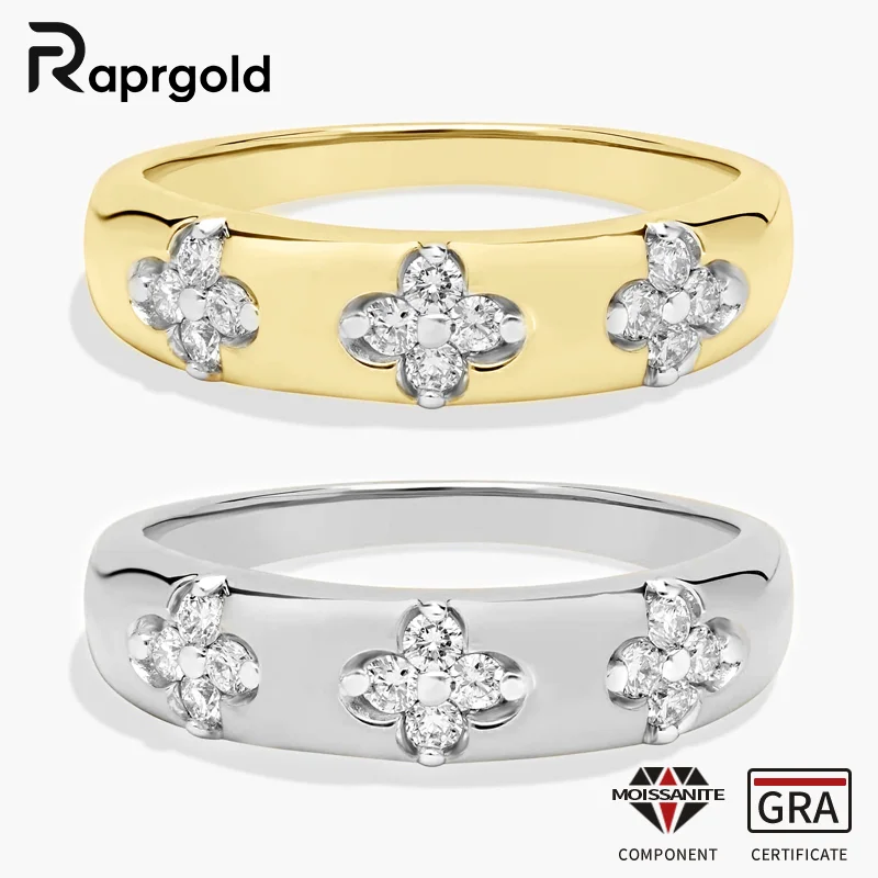 

RAPRGOLD GRA Certified Chunky Trio Flower Moissanite Ring for Women Fine Jewelry 925 Sterling Silver Engagement Wide Rings Gifts