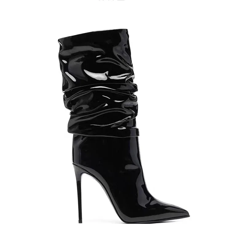 Arden Furtado 2024 Black cowhide Patent Leather Thin heels Middle boot Pointed toe Pleated Slip-on Super high heel Modern boots