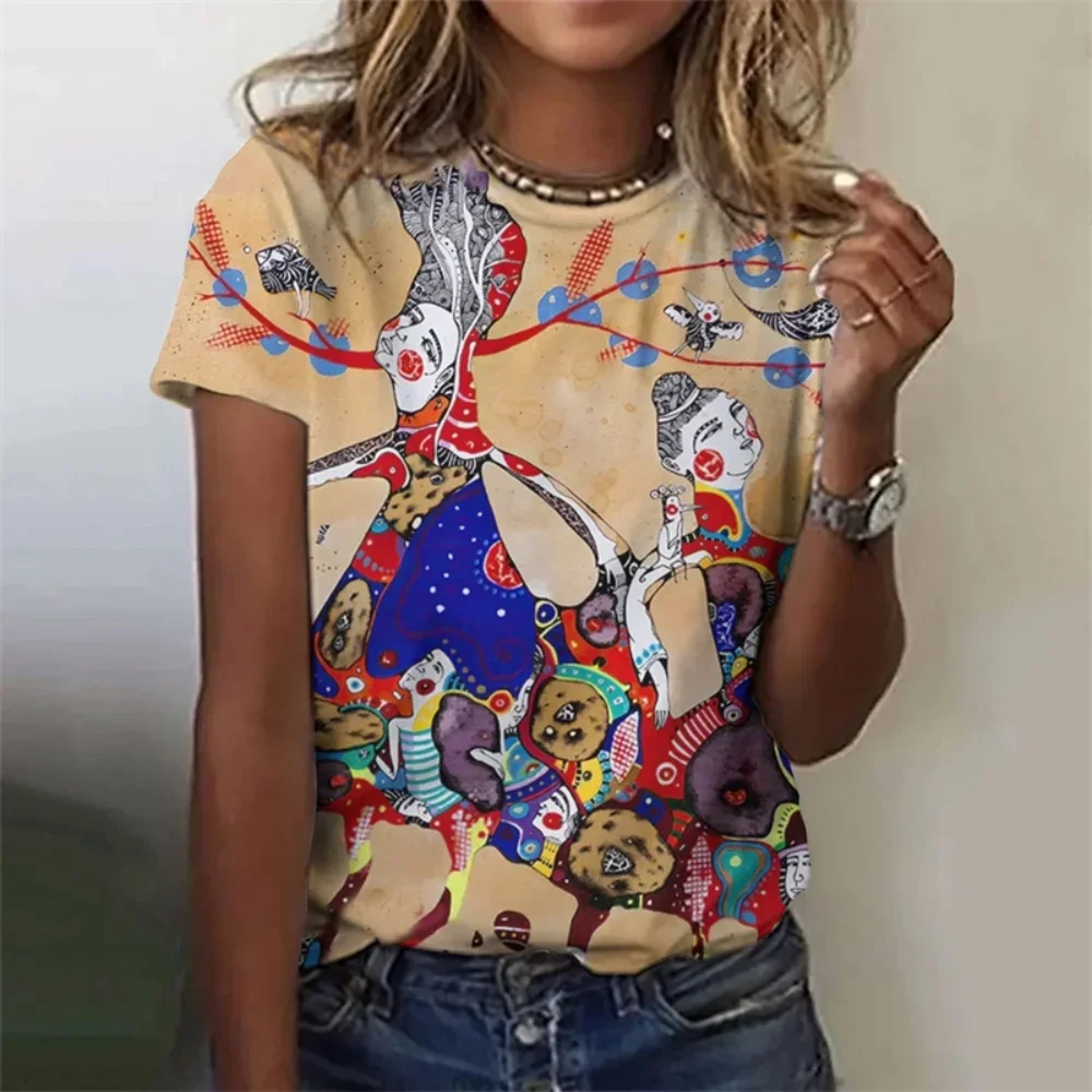

Vintage T-Shirt for Women Casual 3D Printed Colorful Deer Abstract Geometry Graphic Short Sleeves Summer Street O-Neck Tees Tops