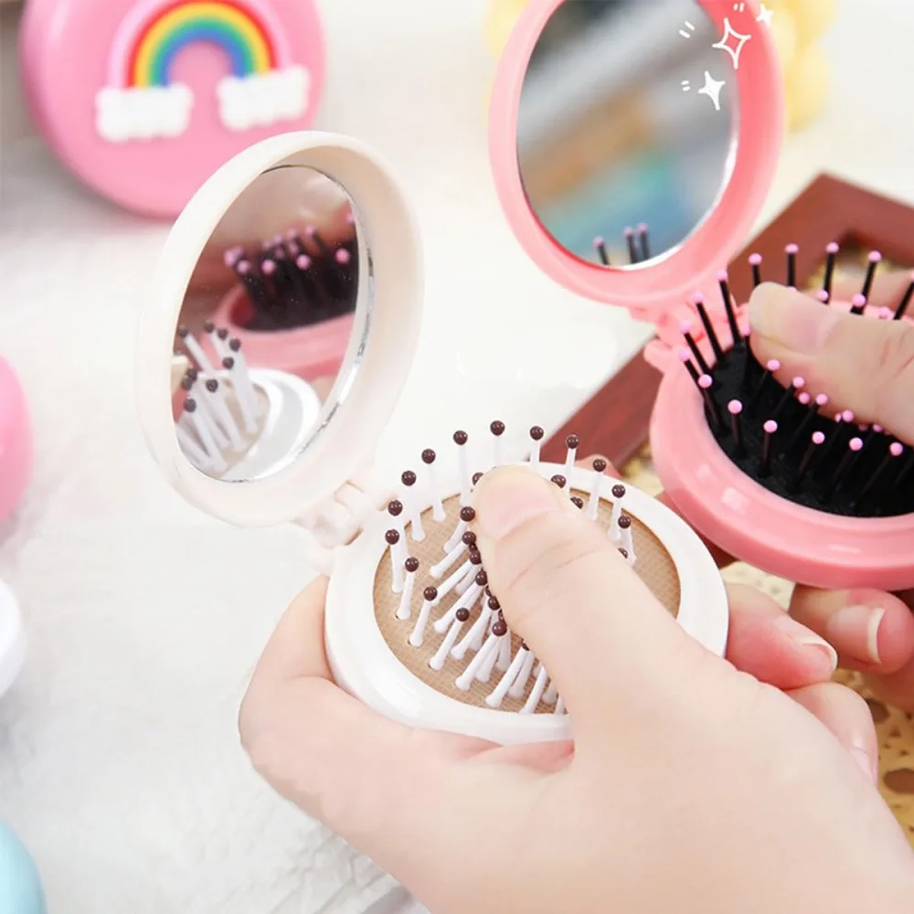2 Pack Foldable Air Cushion Comb, Cute Bear Shape Travel Hairbrush with Mirror, Portable Massage Brush for Wet Dry Curly Straight Hair (Random Color)