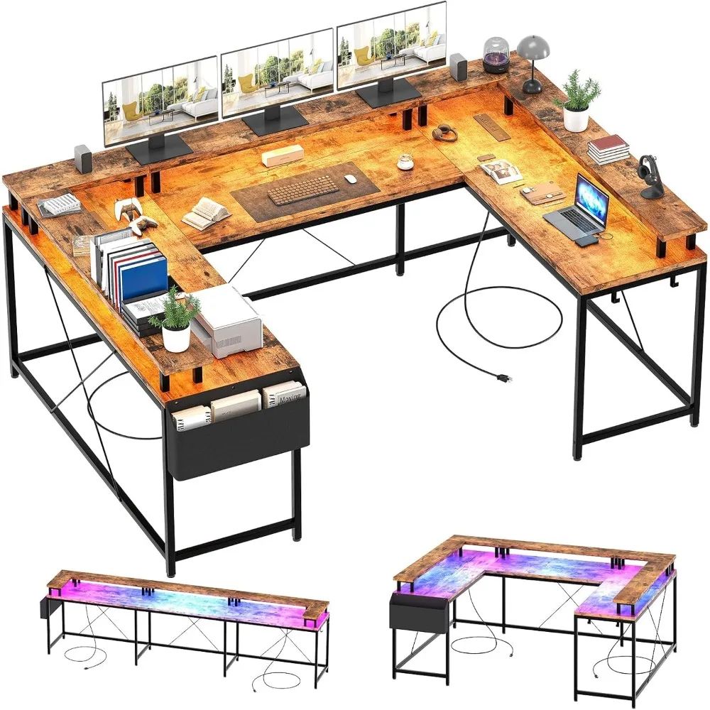 U/L Shaped Desk, Reversible Computer Gaming Desk with Power Outlet & LED Light, Large Corner Table with Monitor Stand & Storage