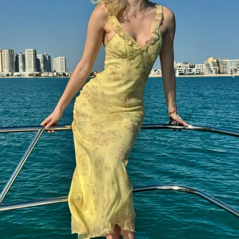 

Women Sexy Backless Fairy Sun Dresses Summer Floral Print Plunge Maxi Dress Outfits Vacation Beachwear Vestido Coquette 2025
