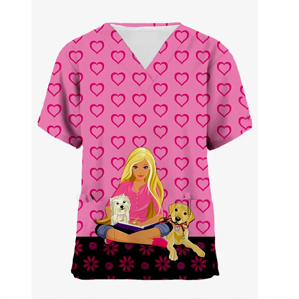 T-shirt hospital nurse uniform women's summer top women's V-neck Barbie princess top fashion pocket cartoon