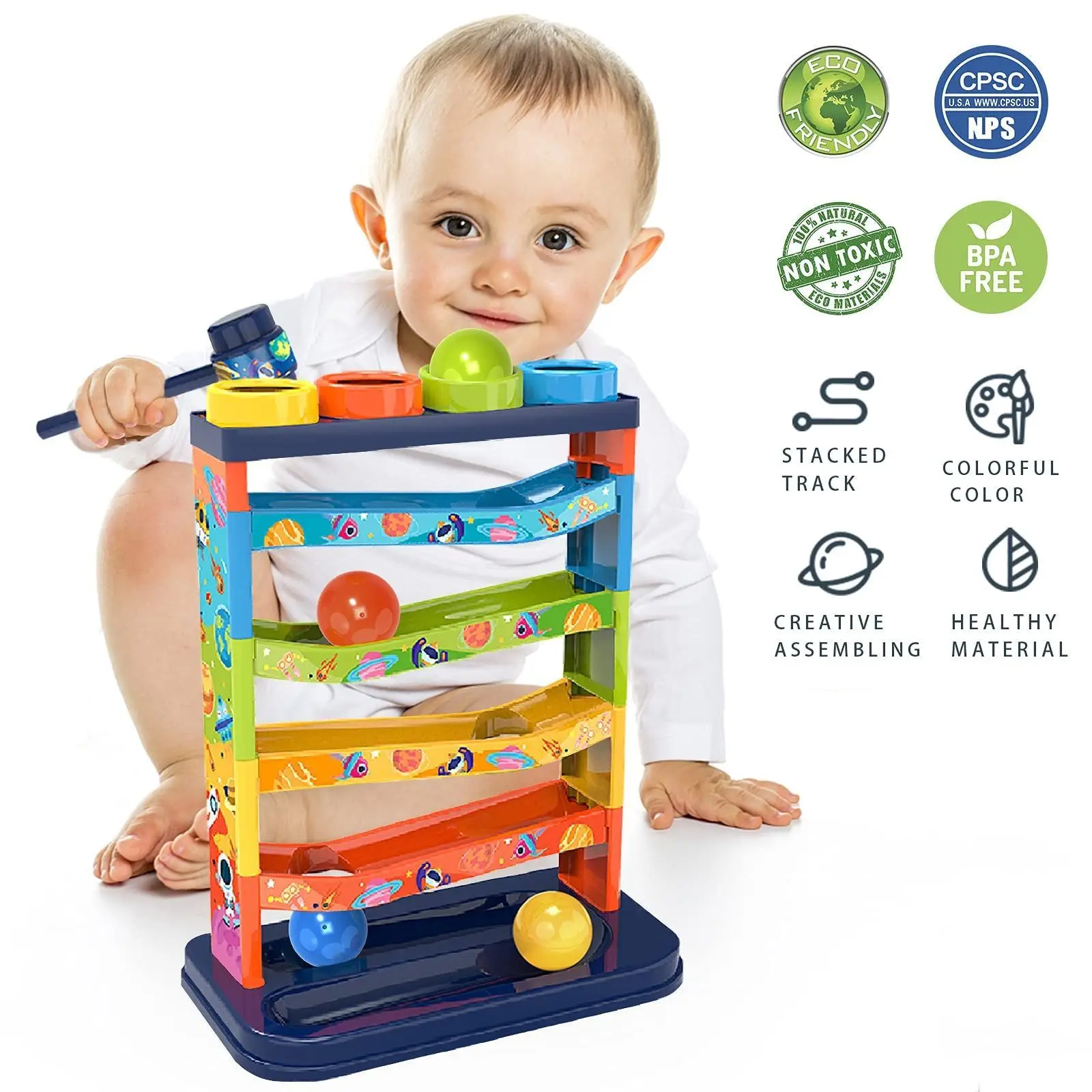 Palla impilabile Palla colorata con scorrimento a binario Palla rotolante Giocattoli educativi precoci Tavolo da impilare per musica divertente per bambini