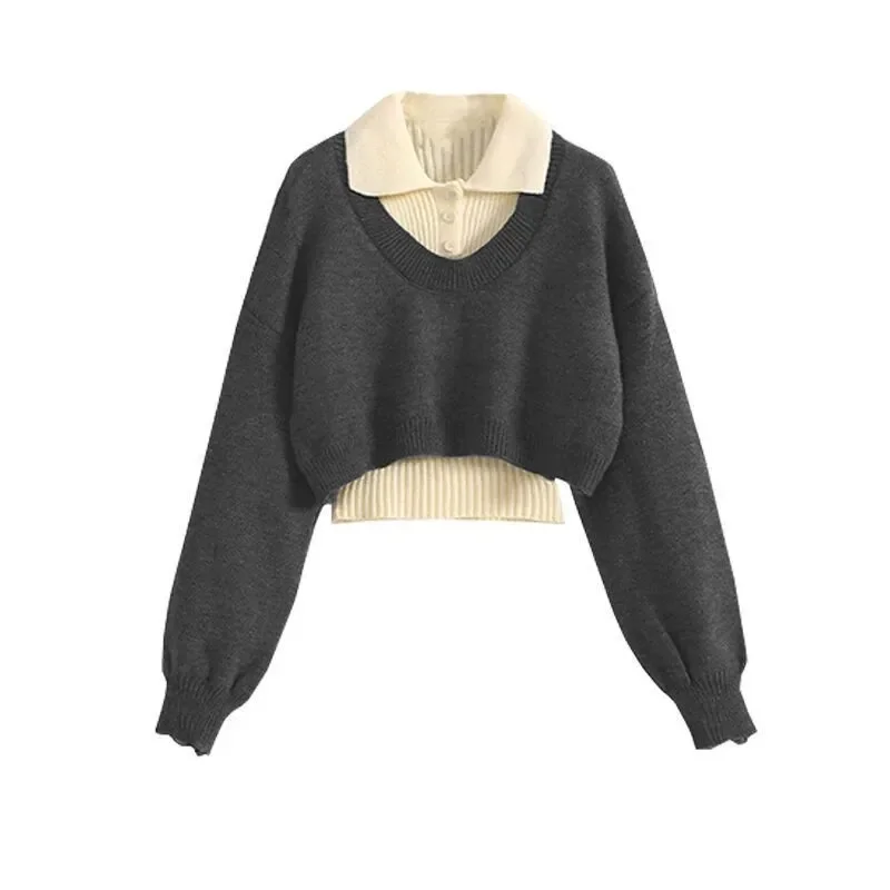 Charmante ort gebreide trui set voor dames herfst groot formaat flatterend afslankend gelaagd gebreid vest cover-up tweedelige set