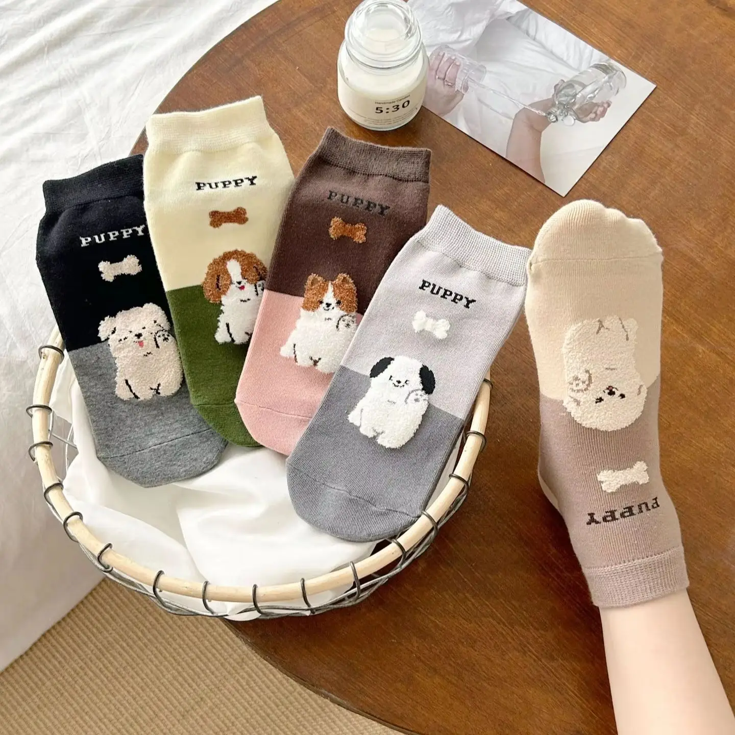 5Pairs Women Cute Puppy Ankle Socks,Flock Dog Bone Print Cotton Socks,Soft Breathable Casual Short Socks Female Daily Street