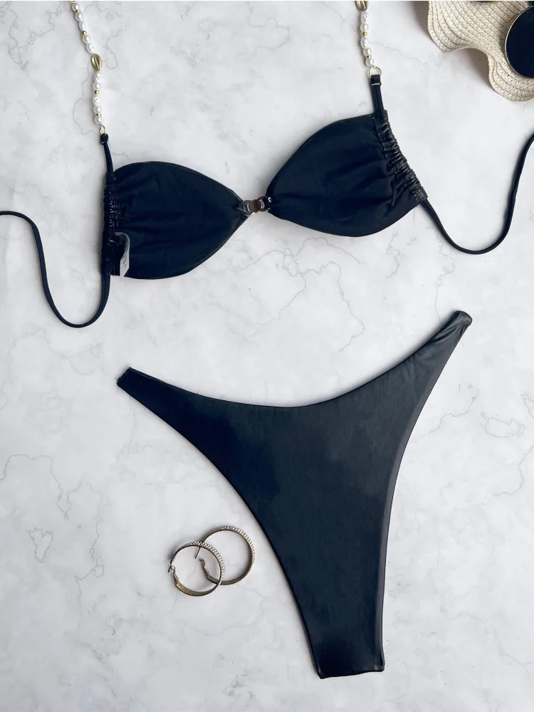 Conjunto de bikini para mujer, traje de baño negro sexy con cuello halter triangular, traje de baño de 2 piezas para playa de verano 2025, traje de baño sin espalda con tirantes