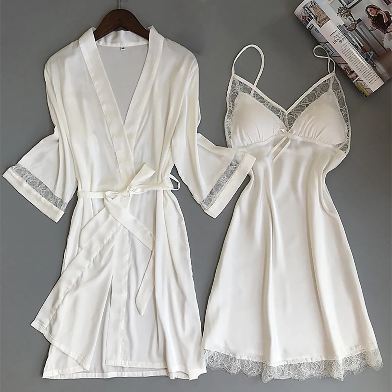 2 Piece Set Pajamas Women Silk Robe Kimono Lace Trim Night Dress Bridesmaid Satin Sexy Lingerie Summer Bathrobe Sleepwear 20Jan