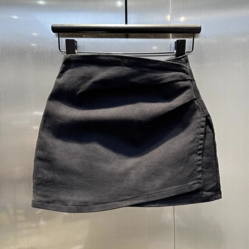 

Irregular Spice Girl Pleated Denim Skirt, Women's 2025 New Elegant Thin High Waist Hip Skirt, Black Jupe Femme
