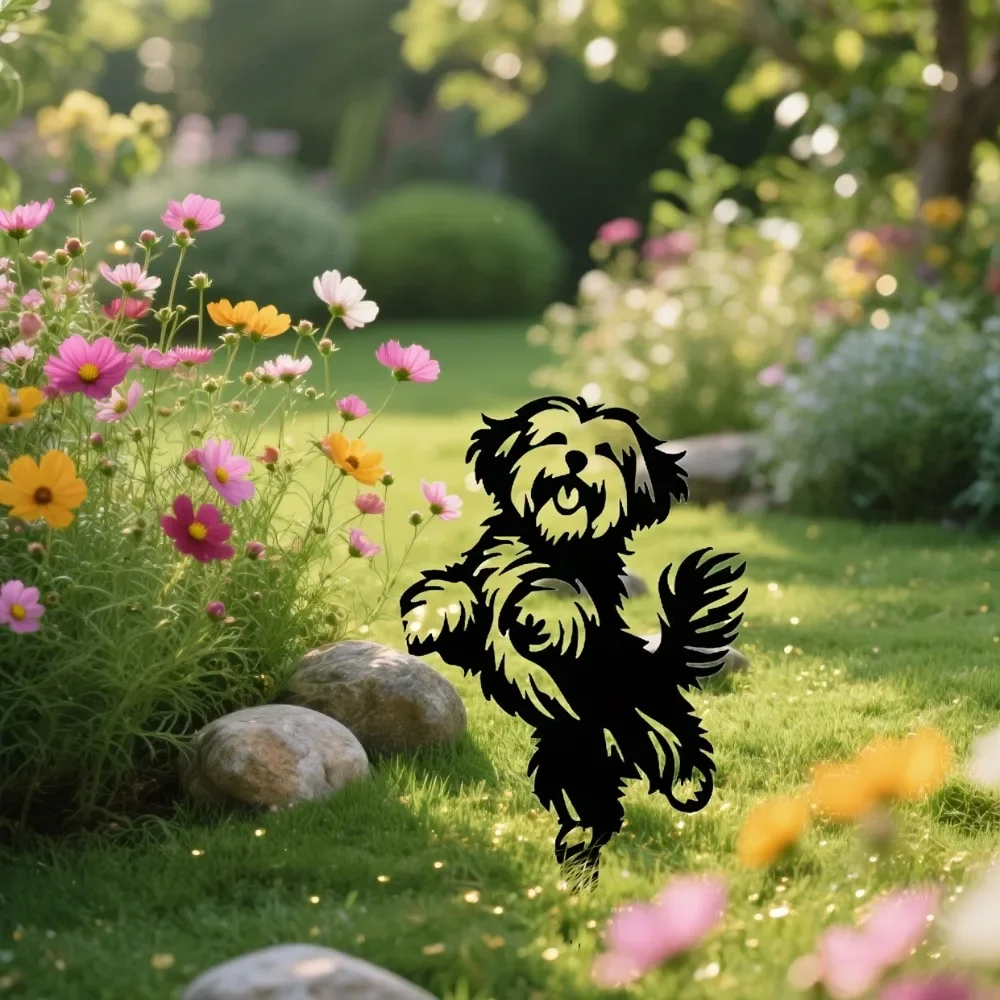 Brand 2D Flat Iron Art Havanese Dog Ground Plug Happy Jumping Puppy Yard Ornament Transparent Durable Lawn Patio Decor