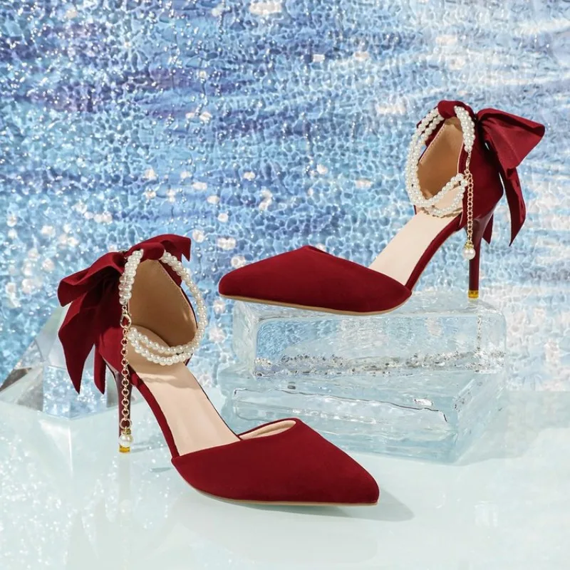 Women's Pumps Thin Heel Wedding Shoes 2026 Red Butterfly Shallow High Heels Buckle Strap Sandals Elegant Pointed Toe Women Shoes image 3
