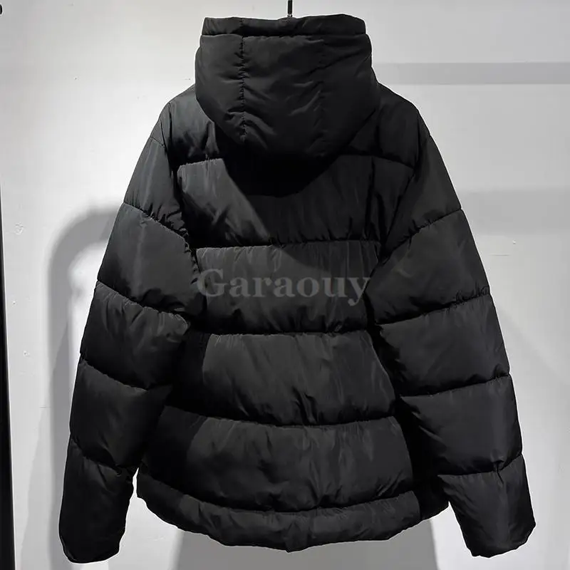 Garaouy 2024 Winter Women Simple Stand Collar Hooded Zipper Pocket Cotton Jacket Female Thickened Warm Black Parka Coats Outwear