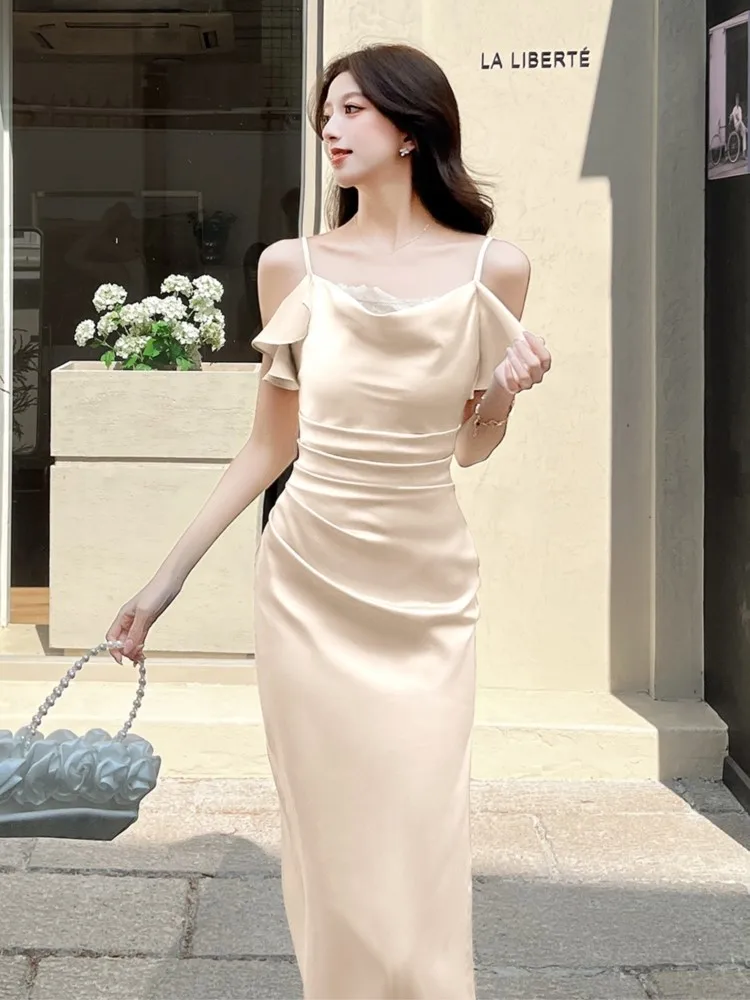 Elegante Vrouwen Swing Kraag Kanten Afwerking Satijnen Spaghetti Jurken Effen Kleur Taille Geplooide Backless Jurk Zomer Vestidos Nieuw