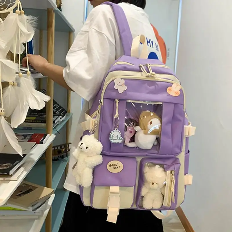 Backpacks For Teens Girls 5 Pcs High-capacity Middle Student Bookbag Kawaii Middle Student Bookbag With Cute Pins And Pendants