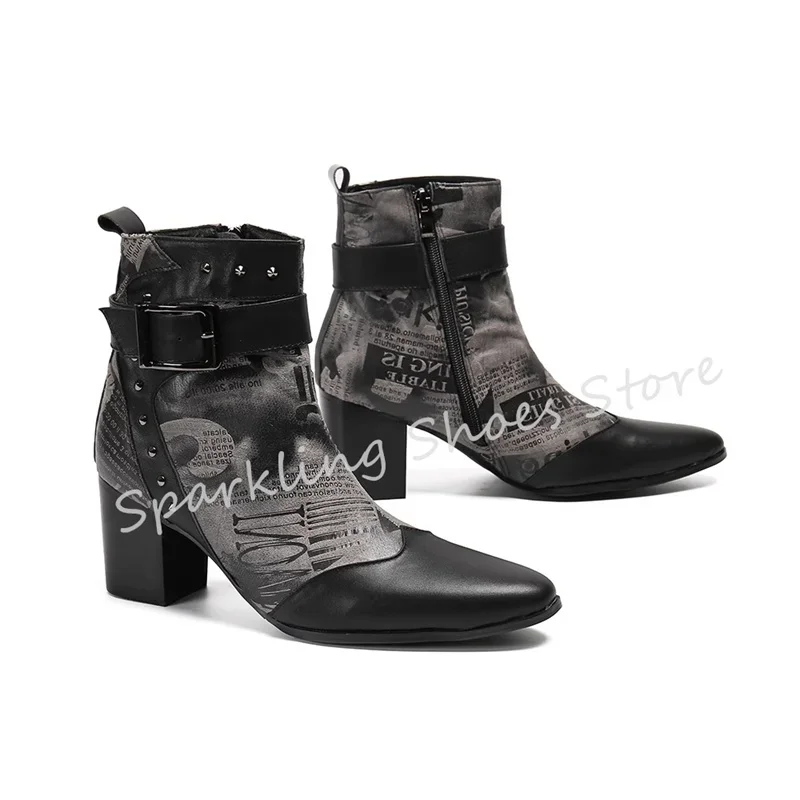 

British Style Rivet Belt Buckle Leather Splicing Boots for Men 7Cm High Heel Round Toe Chelsea Boots Male Wedding Dress Shoes