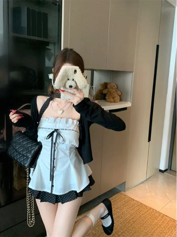 

Корейский стиль: милый кардиган с завязками, кружевной топ на бретельках, короткая юбка в горошек, летний комплект с утягивающей талией для женщин