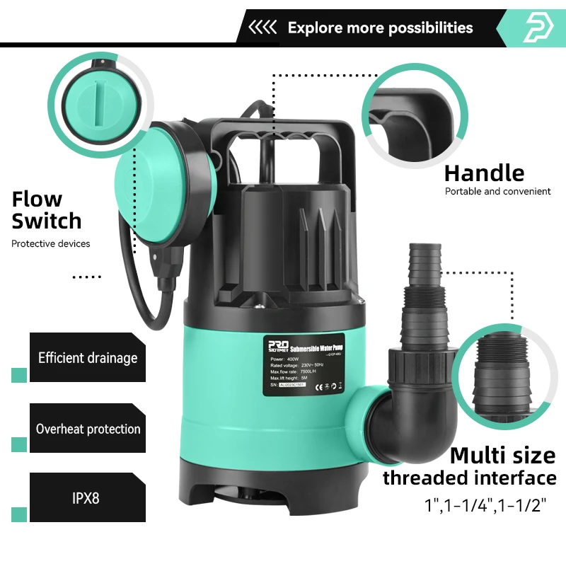 Imagem -04 - Bomba de Água Submersível 400w 7500l h Utilitária Termoplástica Elétrica Portátil Transferência Piscina Lago Drenagem Bomba de Depósito por Prostormer