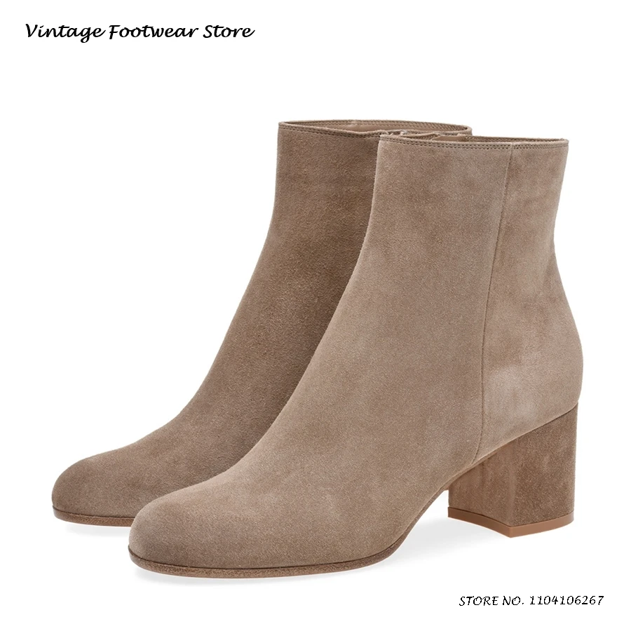 

Elegant Faux Suede Ankle Boots Round Toe Chunky Heel Party Office Plus Size Shoes Spring Autumn Concise Side Zip Solid Booties