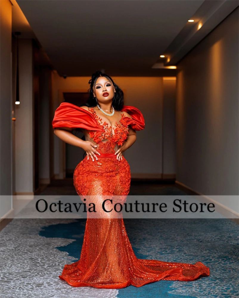 Vestidos de Noche Aso Ebi con apliques de cuentas rojas para chica negra, vestido elegante con cuello redondo para mujer, vestido de fiesta personalizado