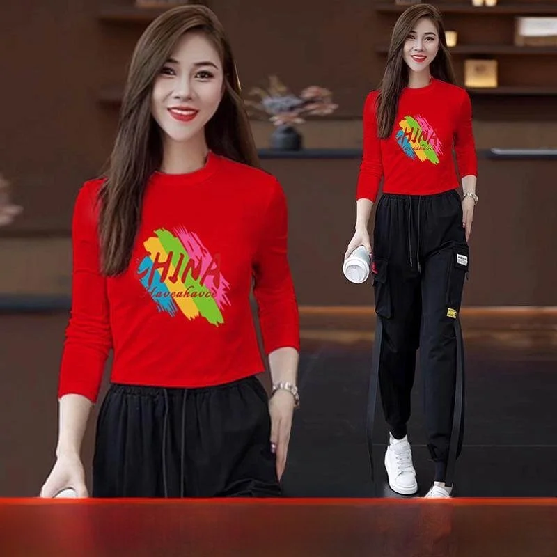 

Женский повседневный спортивный костюм для танцев, новый комплект для джазовых танцев, одежда для танцев с длинными рукавами, хлопковый комплект из двух предметов с круглым вырезом