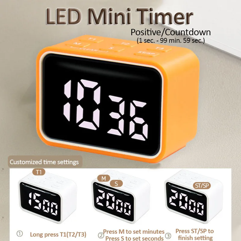 Mini Digital Timer LED Visual Timer for Studying Cooking Positive Countdown Clock 3 Preset Time Home Rechargeable Kitchen Timer