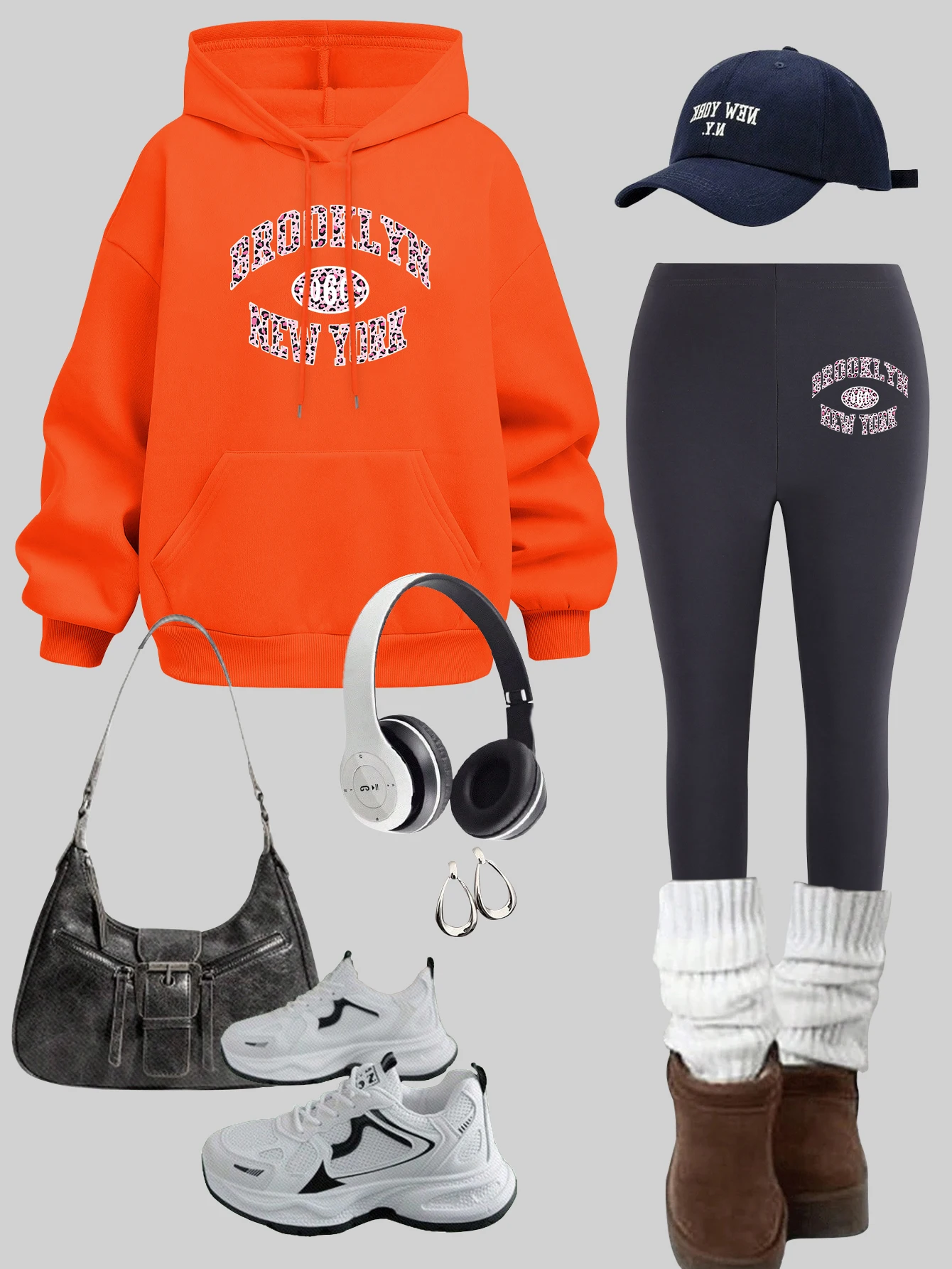 Brooklyn New York Art Letter Printed Woman Pullover Fleece Pocket Female Hoodies Set Autumn Warm leggings Casual elasticity pant