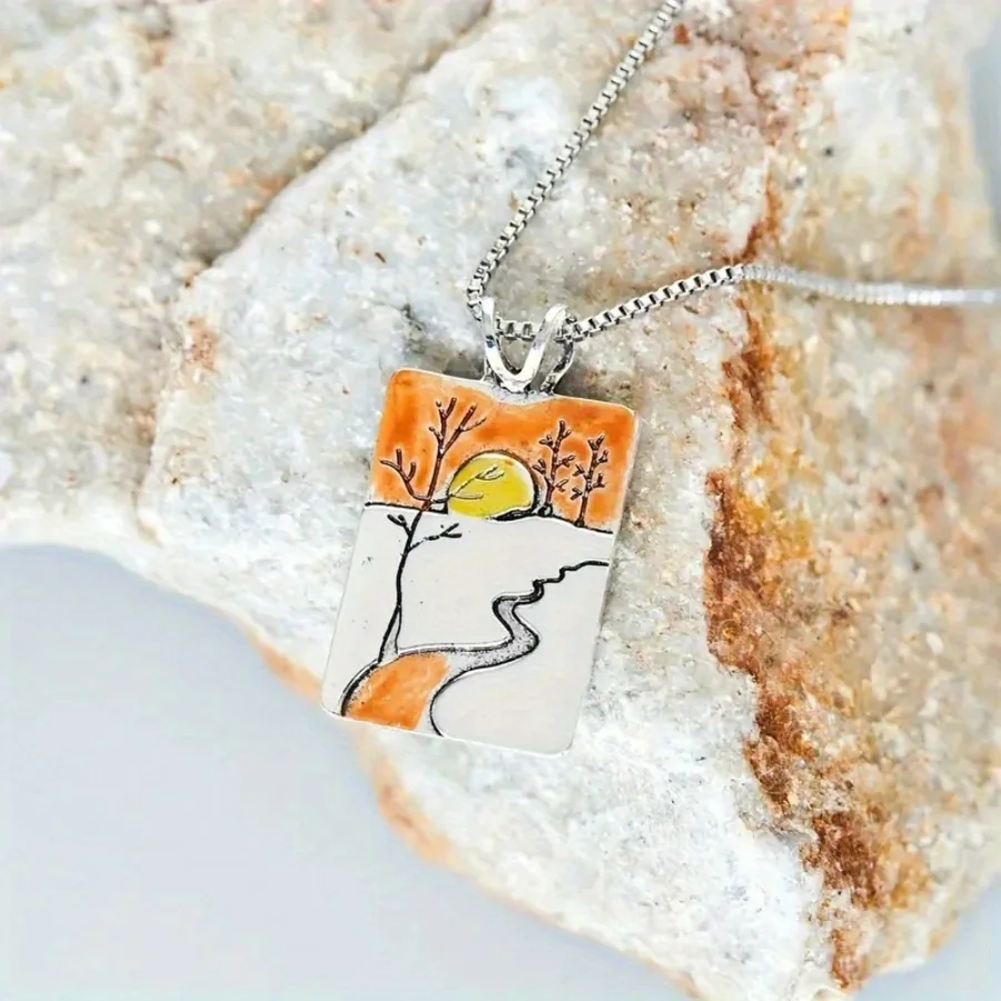 Vintage Bohemian sunset river forest pattern necklace as a jewelry gift for ladies\' birthday parties and anniversaries