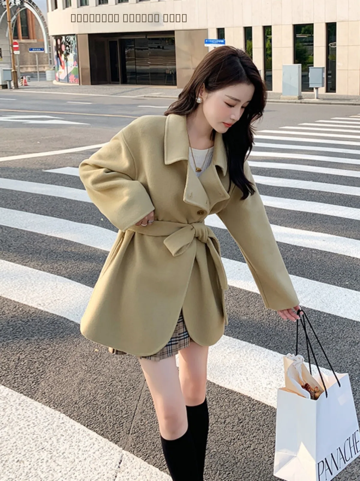 

Khaki Double-Sided Camere Thiened Woolen Coat Women's Small Size High-End Korean Sle Commute Pure Color ort Coat