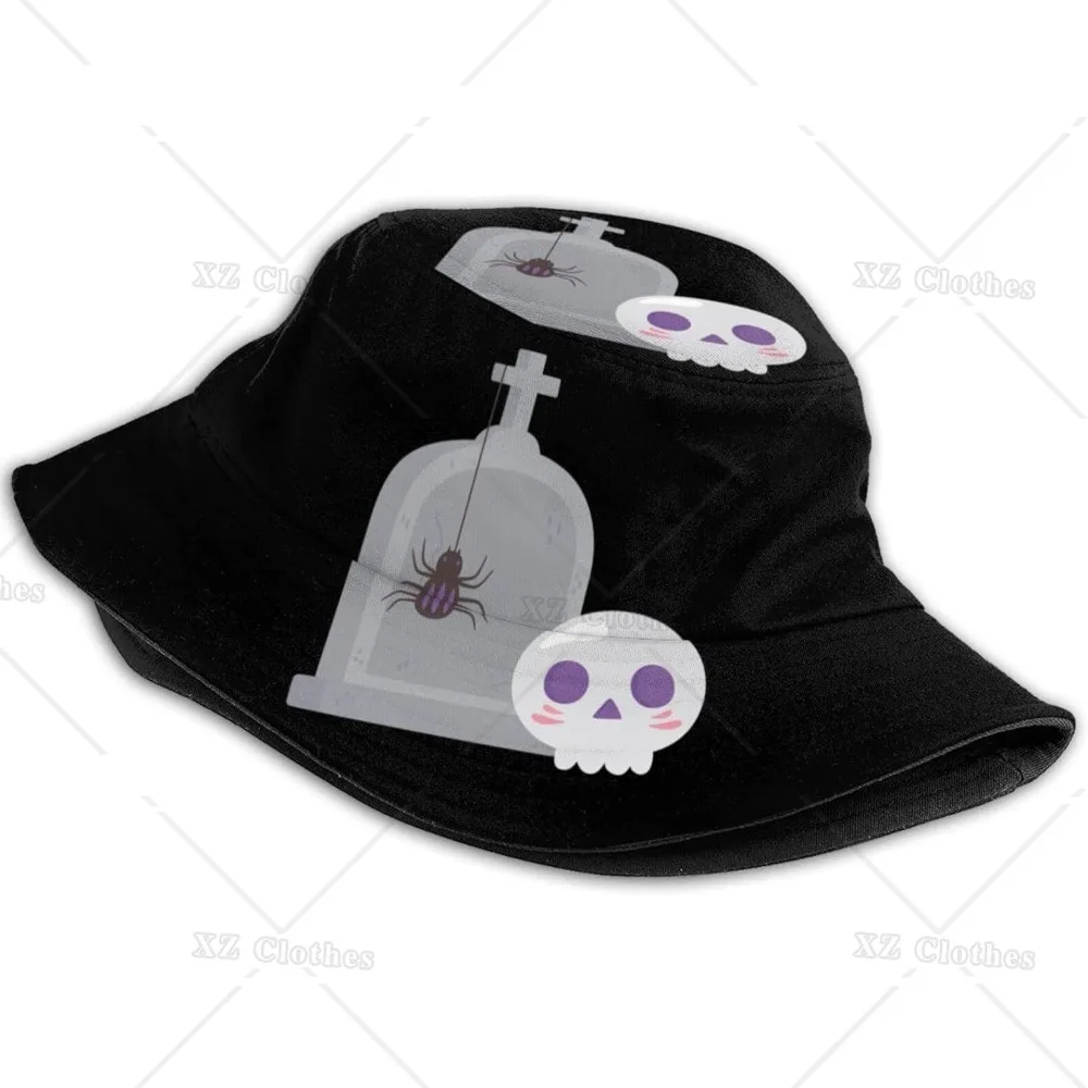 Happy Halloween Skeleton Spiders and Tombstones Bucket Hat for Women Men Teens Beach Outdoor Fashion Packable Fishing Sun Cap