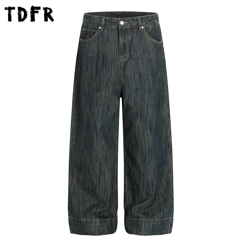 Pocket Spliced Jeans Mens Retro Washed Distressed Casual Straight Baggy Wide Leg Denim Pants Man