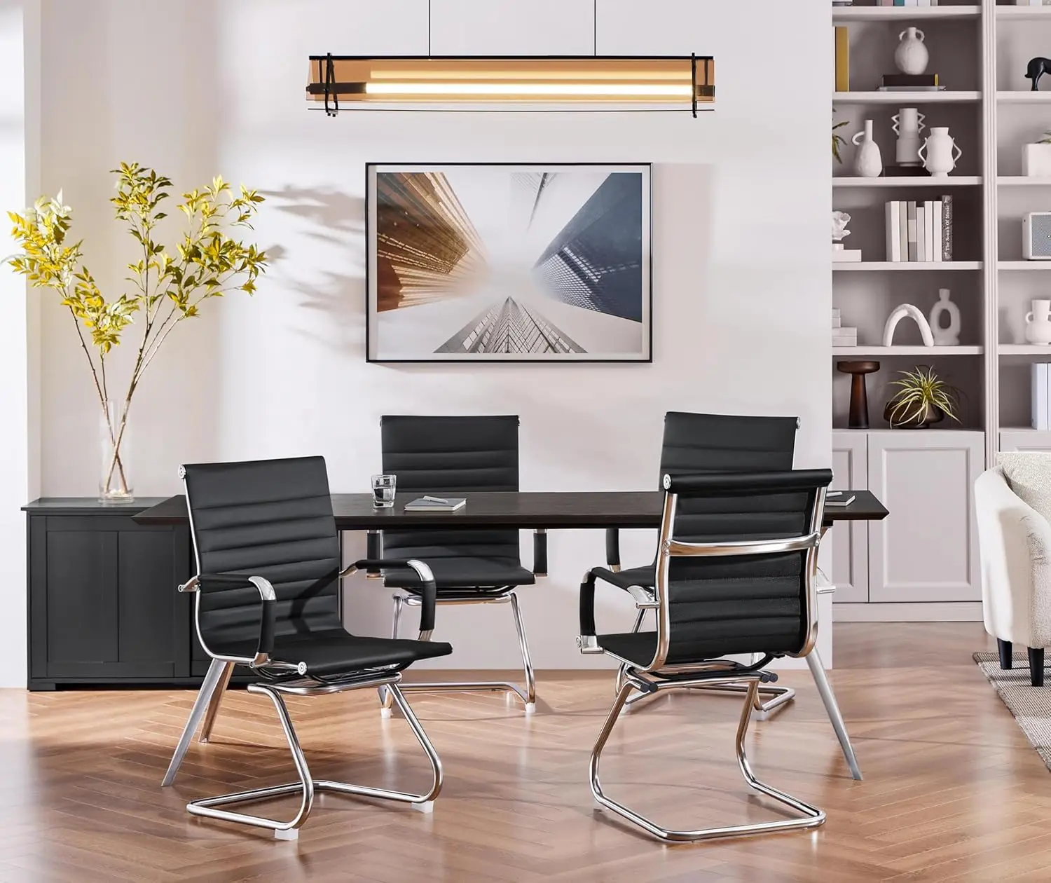 Faux Leather Office Reception Chair Without Wheels Mid Back Ergonomic Guest Chairs for Conference Reception Room