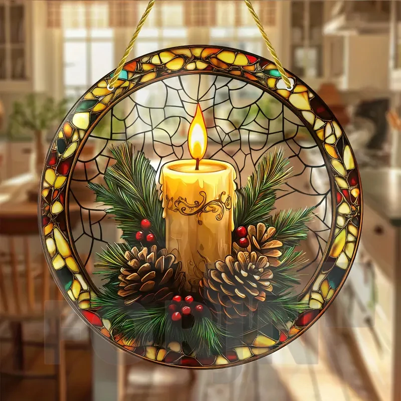 Classic Christmas Candle Acrylic Suncatcher-Round Translucent Hanging Ornament Sign-Home,Party,Bar,cafe,Room,window Decor