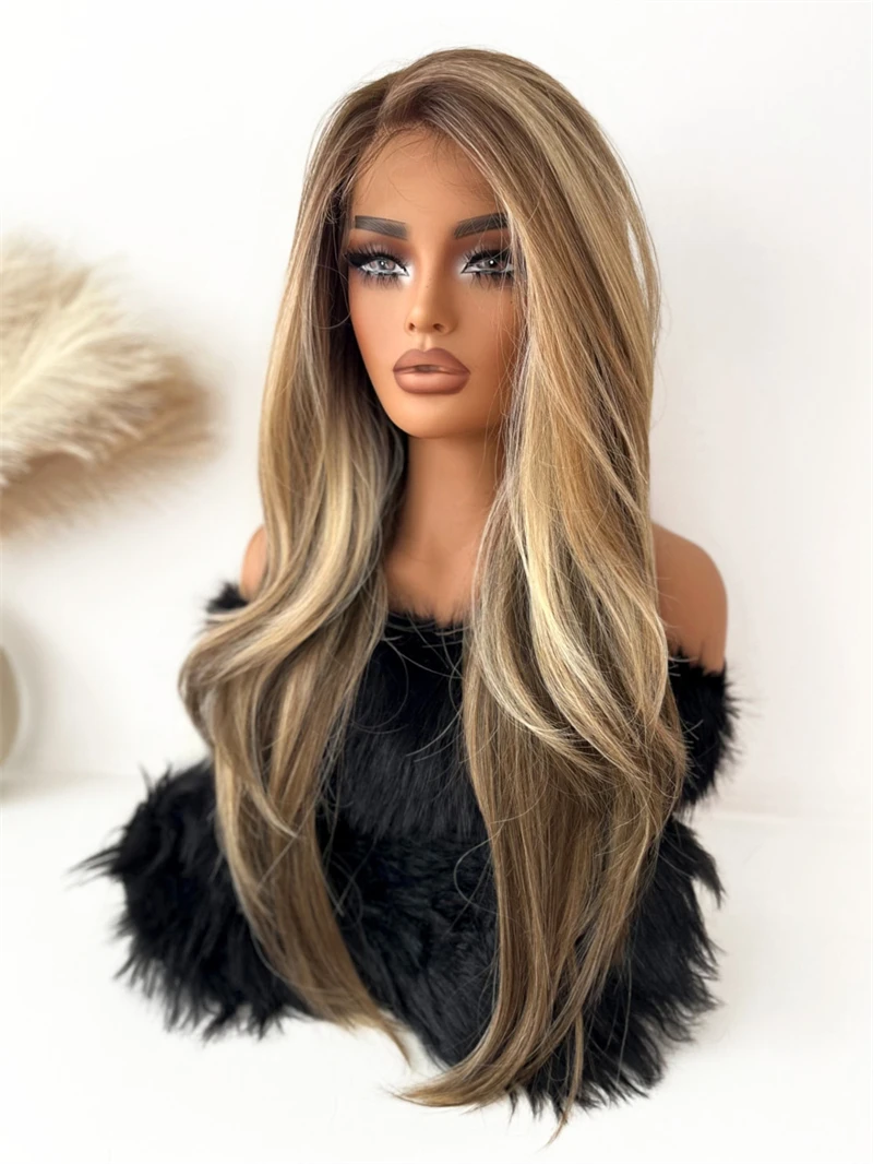 Brown Mixed Blonde Synthetic Lace Front Wig Wig Realistic Natural Looking Natural Preplucked Hairline with Baby Hair For Women