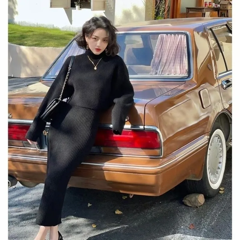 Celebrity Premium Winter Two Piece Of Set Hepburn French Gentle Knitted Bottom Sweater Long Sleeve Pullover Sweater Female Dress