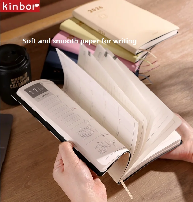 Kinbor 2025 Timeline A5 Planner Notebook Soft PU Two Page A Week 52g BaChuan Paper Time Management Efficiency Notepads Work Book