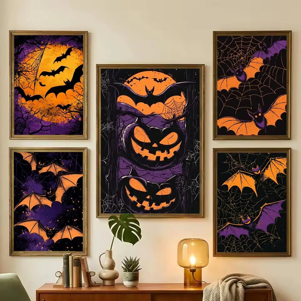 Halloween Bat and Jack O lantern Painting Calligraphy Stylish Wall Art Poster, Bedroom Living Room Home Decor Gift