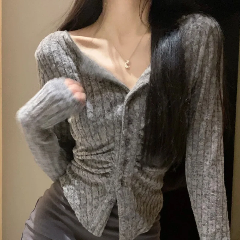 Autumn Women Y2k Knit Cardigan  Clothes V Lapel Long Sleeve Knitted Jumper Collar Sweater Coat Vintage Slim Cardigan Korean New