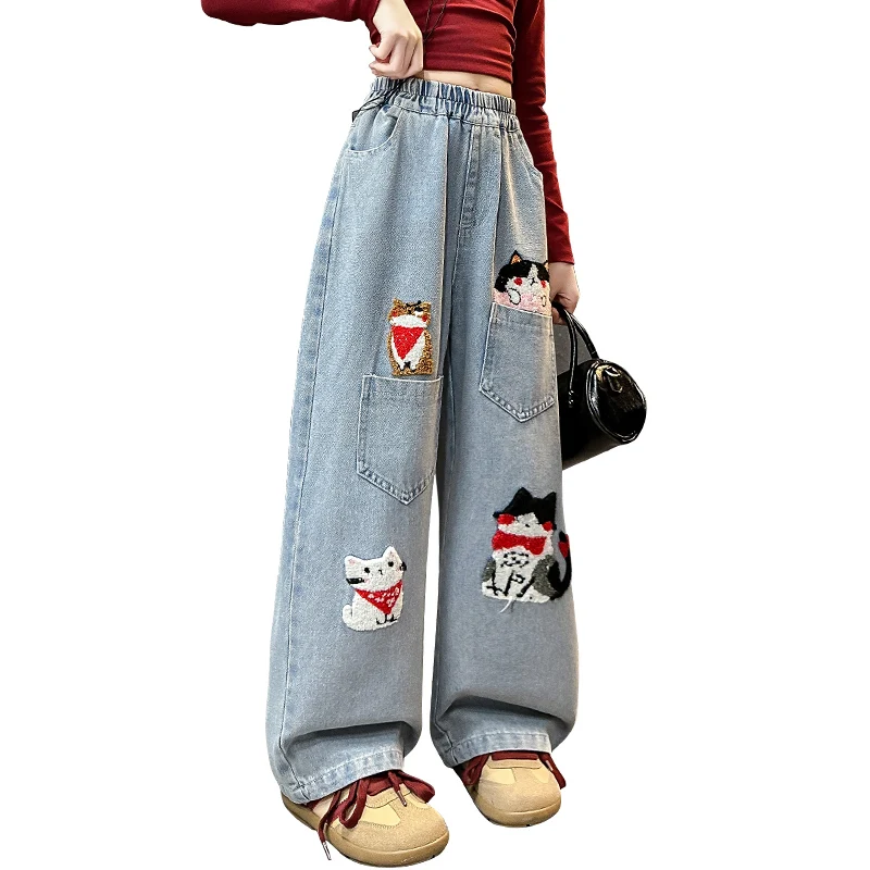 spring junior girls cartoon wide leg jeans teenage kids towel embroidered cat denim pants Fashion child trousers 4 6 8 10 12 14