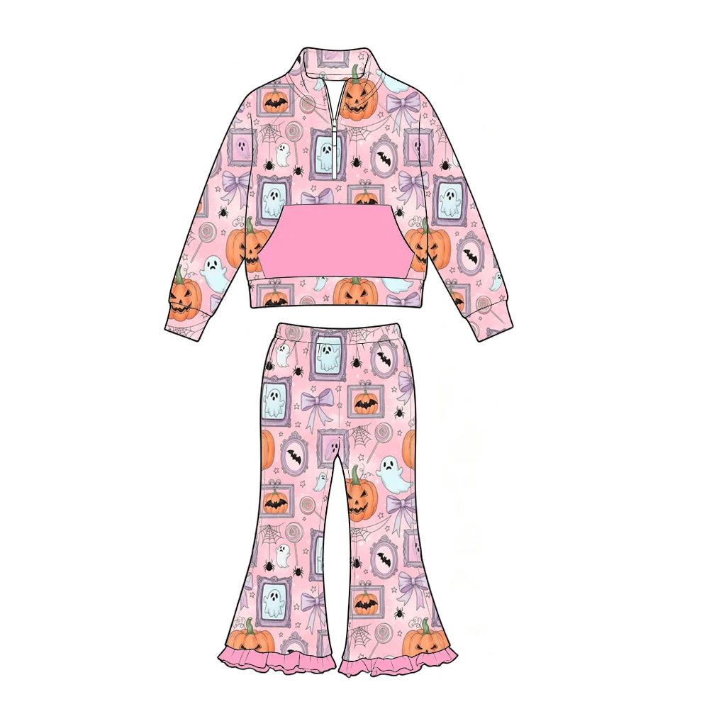 Boutique Girls' Set Stand-up Collar Long-Sleeved Top and Long Trousers Zippered Pocket Halloween Series Prints