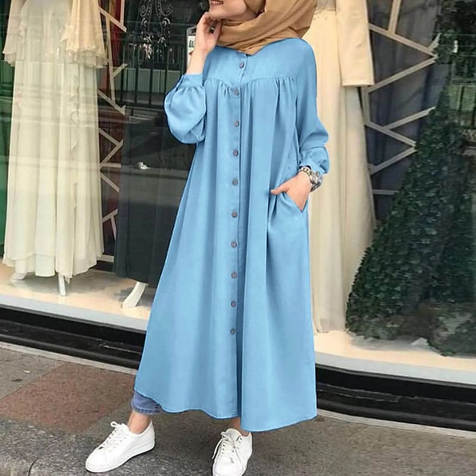 

Ramadam Abayas Dress For Women Loose Round Neck Pockets Dress Morocco Robe Solid Color Puff Sleeve Pockets Clothing Kaftan