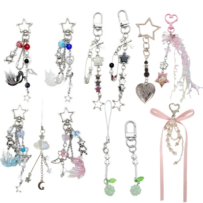 Y2K Bow Heart Fish Star Keychain Vintage Metal Bowknot Key Ring Fashion Car Handbag Decoration Pendant Accessories